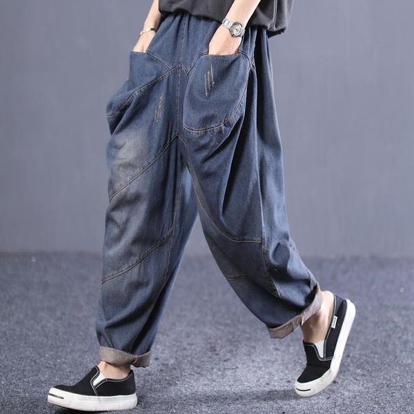 2021 spring and autumn new retro loose large size artistic irregular pocket slash harem jeans, Blue
2021 spring and autumn new retro loose large size artistic irregular pocket slash harem jeans, Blue