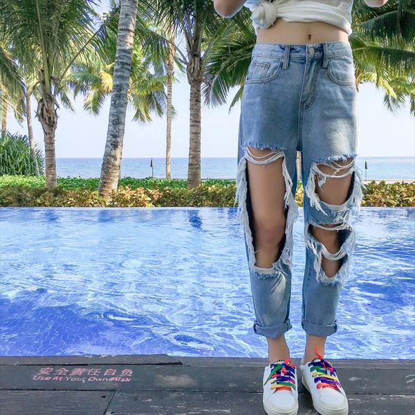 street big hole destroyed ripped boyfriend jeans for women plus size high waisted baggy jeans teen girls tattered denim, Blue
street big hole destroyed ripped boyfriend jeans for women plus size high waisted baggy jeans teen girls tattered denim, Blue