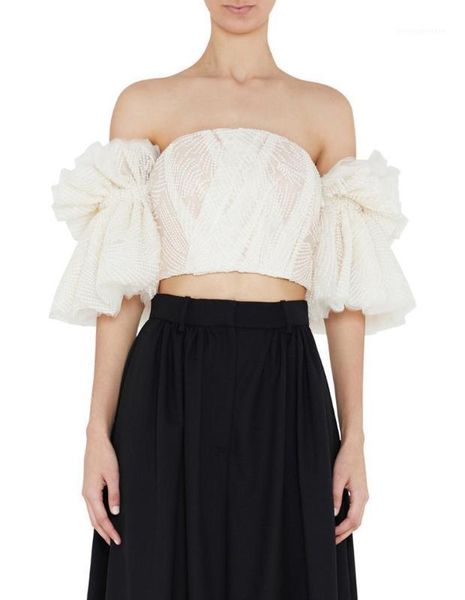 polyester solid many layers mesh petal sleeve women's short shirts slash neck back zipper crop size s-xl, White
polyester solid many layers mesh petal sleeve women's short shirts slash neck back zipper crop size s-xl, White