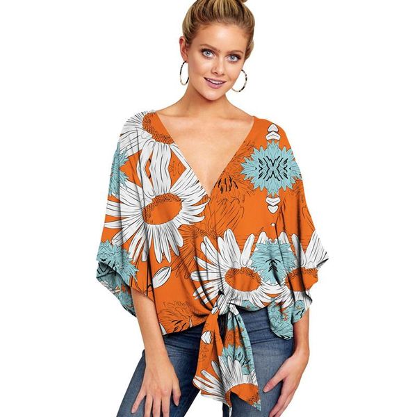 2021 new fashion women shirts spring summer v neck short sleeve knot print womens and blouses, White 
2021 new fashion women shirts spring summer v neck short sleeve knot print womens and blouses, White