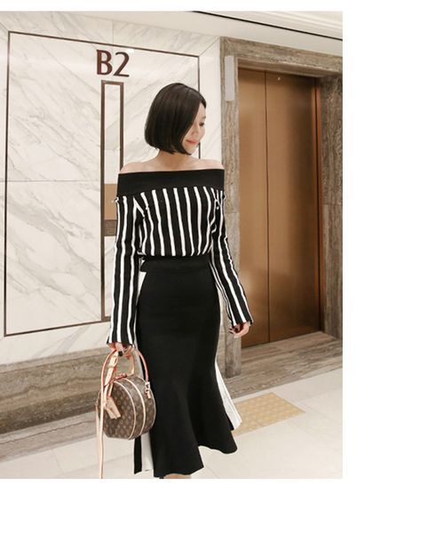 2021 2 piece set autumn spring women dresses black stripe long sleeve slash neck casual knitting +high waist mermaid skirt, White
2021 2 piece set autumn spring women dresses black stripe long sleeve slash neck casual knitting +high waist mermaid skirt, White