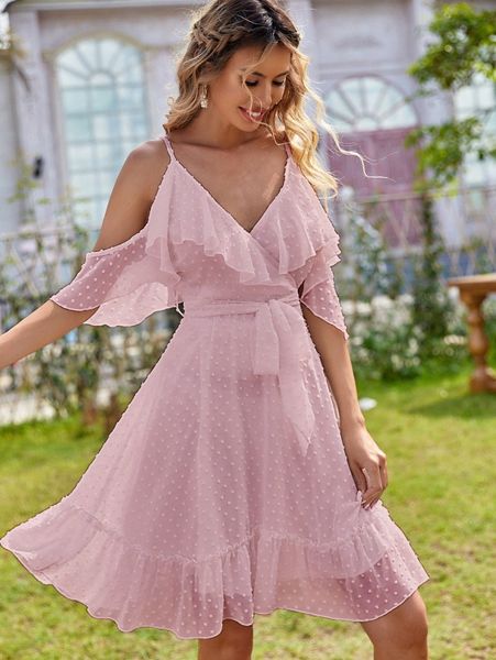 swiss dot cold shoulder ruffle hem belted dress h30j#, Black;gray
swiss dot cold shoulder ruffle hem belted dress h30j#, Black;gray