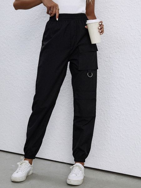 elastic waist cargo pants e3ss#, Black;white