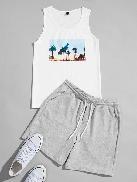 men tropical print tank & shorts set j6bw#, Gray