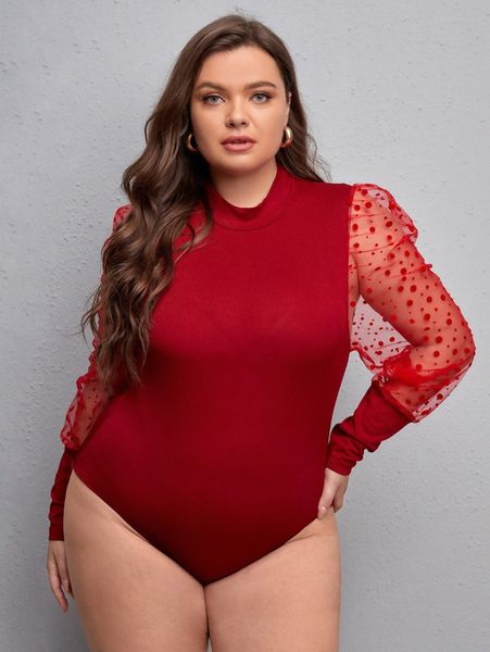 plus polka dot contrast mesh mock neck bodysuit r5fl#, Black
plus polka dot contrast mesh mock neck bodysuit r5fl#, Black