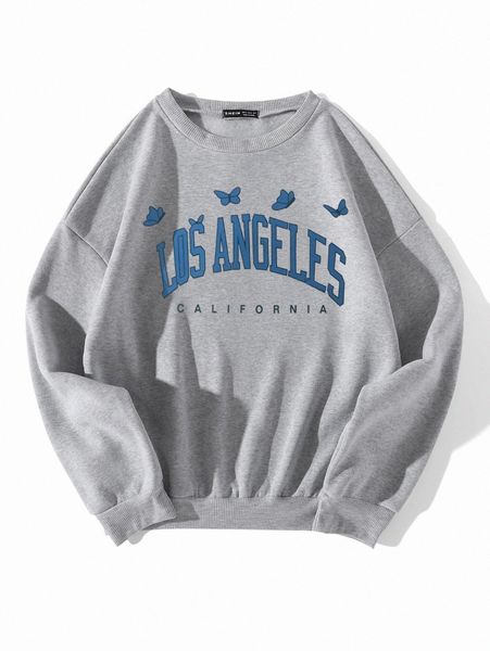 butterfly & letter graphic drop shoulder thermal pullover g10f#, White;black 
butterfly & letter graphic drop shoulder thermal pullover g10f#, White;black