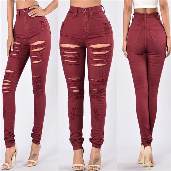 new europe and america women destroyed torn denim fashionable red jeans, tight-fitting ripped pants, high-waist stretch jeans, sl, Blue
new europe and america women destroyed torn denim fashionable red jeans, tight-fitting ripped pants, high-waist stretch jeans, sl, Blue