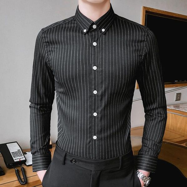 men's dress shirts classic long sleeve striped basic single patch pocket formal business standard fit office social shirt, White;black
men's dress shirts classic long sleeve striped basic single patch pocket formal business standard fit office social shirt, White;black