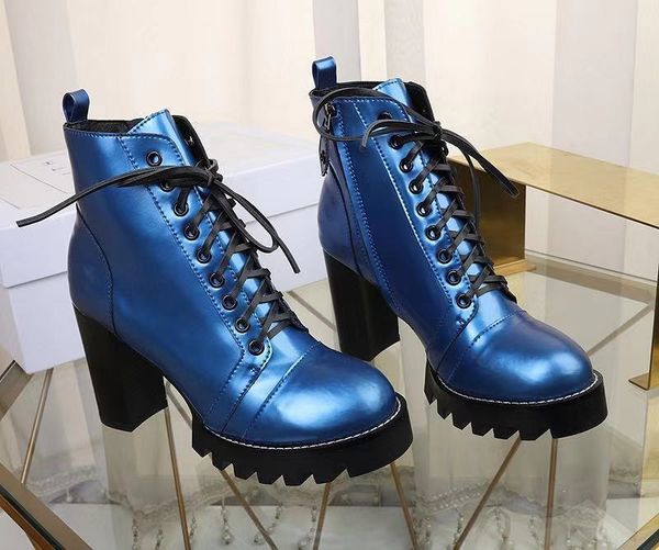 designer womens boots luxury royal blue patent leather lace-up side zipper round head high heel boots with box size 35-42, Black