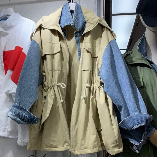 2020 spring summer new denim stitching double-layer collar tie fake two windbreaker fashion all-match women jacket, Black;brown
2020 spring summer new denim stitching double-layer collar tie fake two windbreaker fashion all-match women jacket, Black;brown