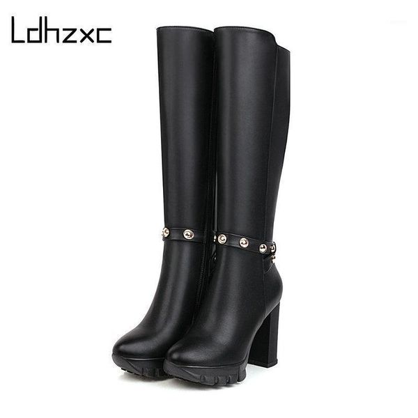 ldhzxc new brand genuine leather women boots thick high heels round toe ladies shoes black winter knee high boots1