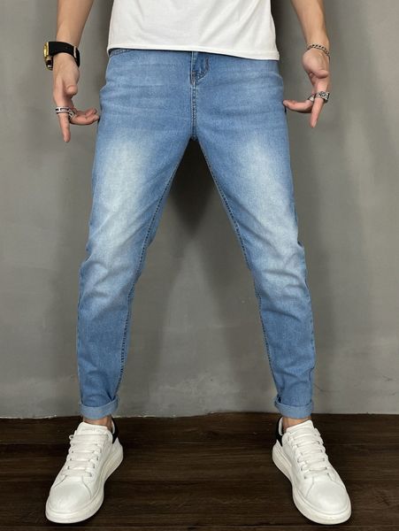men zipper fly tapered jeans j5d6#, Blue
