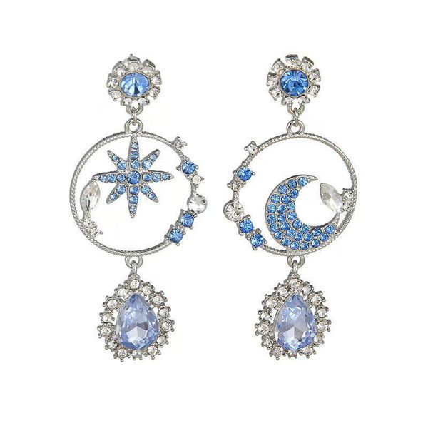 

stud fashion jewelry, star and moon asymmetrical flashing diamond earrings in the blue ocean, exaggerated temperament earrings, jewel, Golden;silver