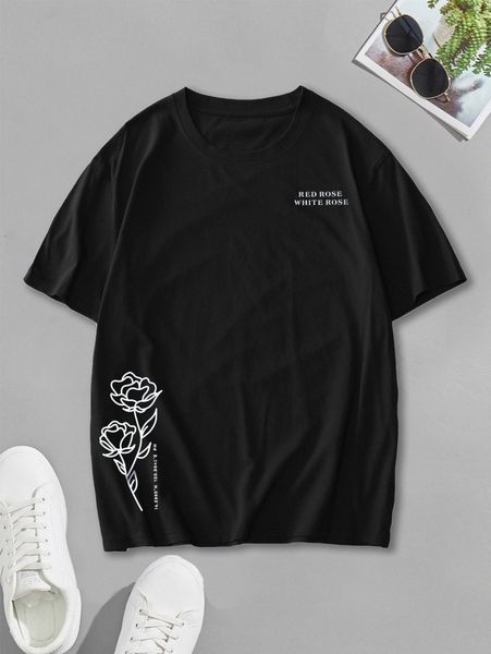 men floral & letter graphic tee 21vw#, White;black 
men floral & letter graphic tee 21vw#, White;black