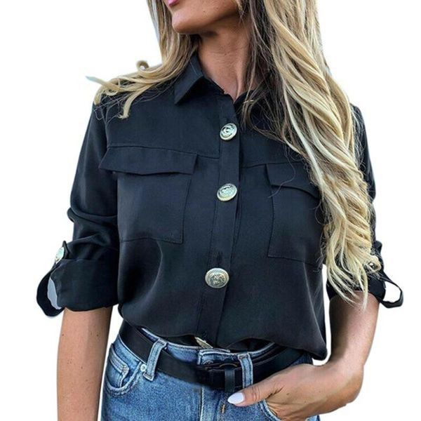 women casual solid color long sleeve lapel double pockets button shirt blouse, White
women casual solid color long sleeve lapel double pockets button shirt blouse, White