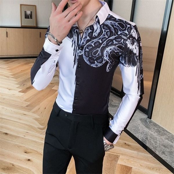 british snake style print 2020 autumn korean slim fit long-sleeved floral fashion formal shirt for men c1212, White;black 
british snake style print 2020 autumn korean slim fit long-sleeved floral fashion formal shirt for men c1212, White;black