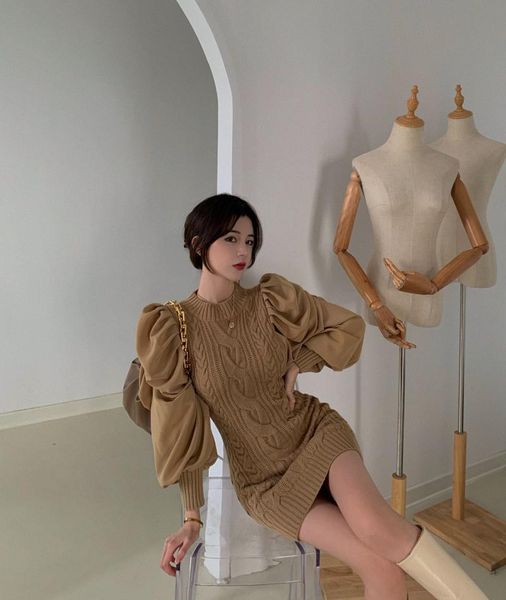 women's sweaters autumn and winter twist knit stitching short skirt puffy sleeve temperament dress, White;black
women's sweaters autumn and winter twist knit stitching short skirt puffy sleeve temperament dress, White;black