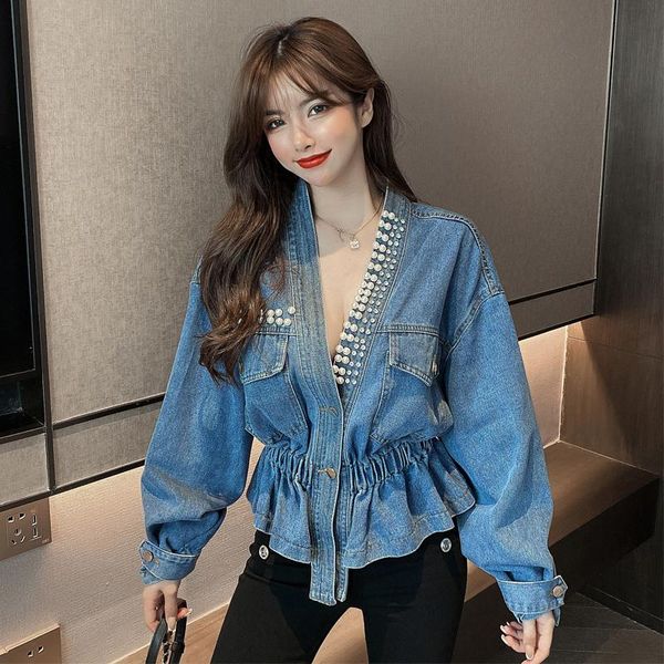 women's jackets waisted v-neck stud beads with two button loose denim jacket, Black;brown
women's jackets waisted v-neck stud beads with two button loose denim jacket, Black;brown