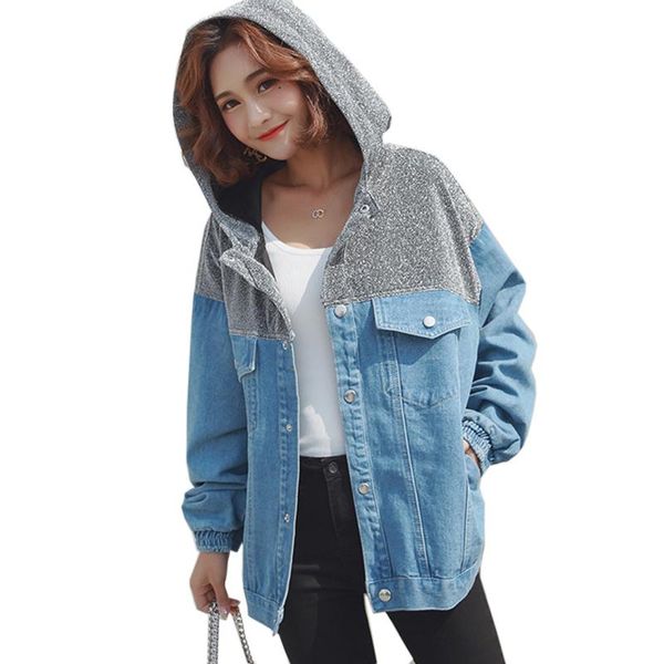long sleeve oversized denim jacket with hood patchwork glitter jacket women spring blue korean coat and clothing ym644, Black;brown
long sleeve oversized denim jacket with hood patchwork glitter jacket women spring blue korean coat and clothing ym644, Black;brown