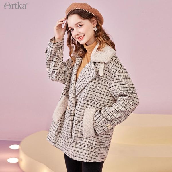 women's wool & blends artka 2021 winter women woolen coat vintage plaid lambswool thicken jacket loose warm outerwear fa25107d, Black
women's wool & blends artka 2021 winter women woolen coat vintage plaid lambswool thicken jacket loose warm outerwear fa25107d, Black