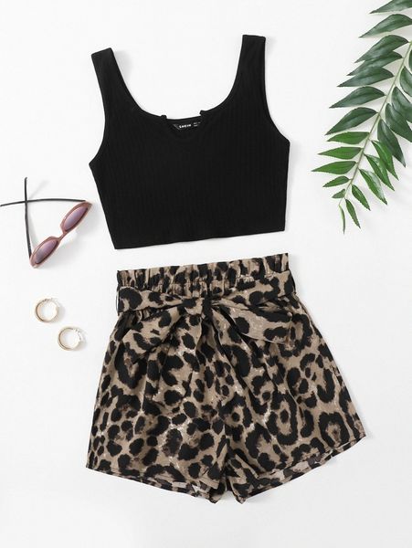 notch neck rib-knit crop tank & paperbag waist belted leopard shorts set 33wf#, White
notch neck rib-knit crop tank & paperbag waist belted leopard shorts set 33wf#, White