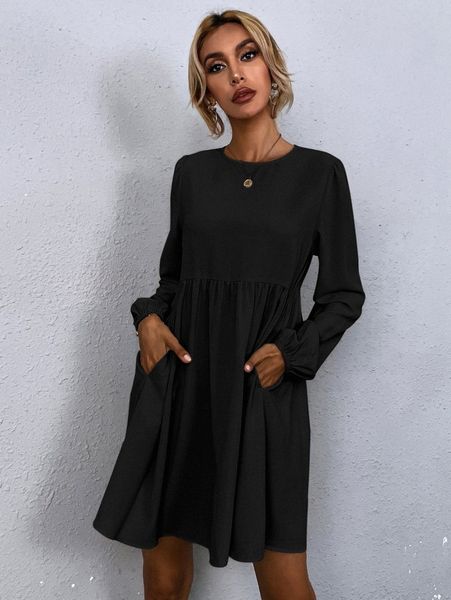 solid hidden pocket lantern sleeve dress z4i4#, Black;gray