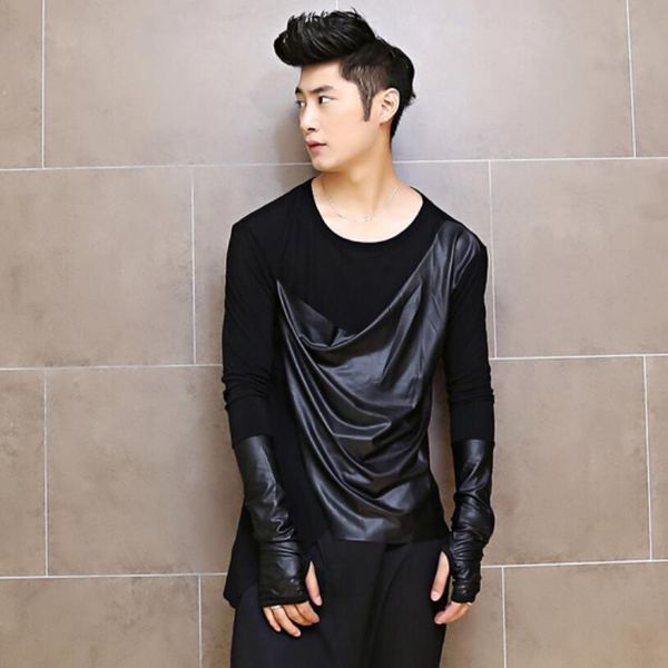 2021 men club long leather shreds stage attire hip hop streetwear tees slim fit 6blk, White;black
2021 men club long leather shreds stage attire hip hop streetwear tees slim fit 6blk, White;black