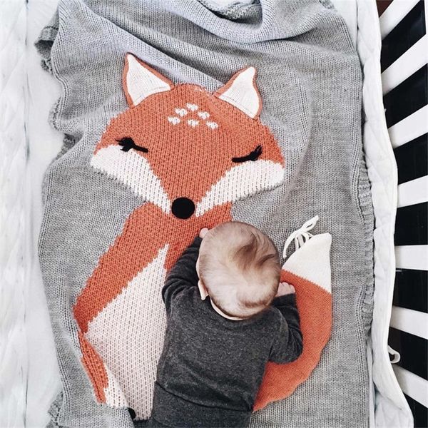 Fox Bedding Soft Blanket Animal Printed Knitting Air-condition Swaddle Wrap Baby Toddler Kids Wool Towel Newborn Quilt Y201009