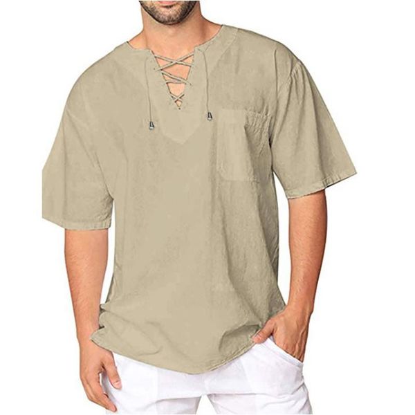 men's casual retro loose t-shirt v-neck tee short sleeve lace-up pullover, White;black
men's casual retro loose t-shirt v-neck tee short sleeve lace-up pullover, White;black