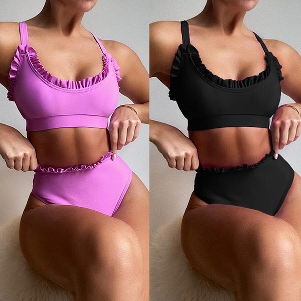 women's swimwear ruffle frill high waist bikini female swimsuit women solid two pieces set padded bather beach bathing suit, White;black
women's swimwear ruffle frill high waist bikini female swimsuit women solid two pieces set padded bather beach bathing suit, White;black