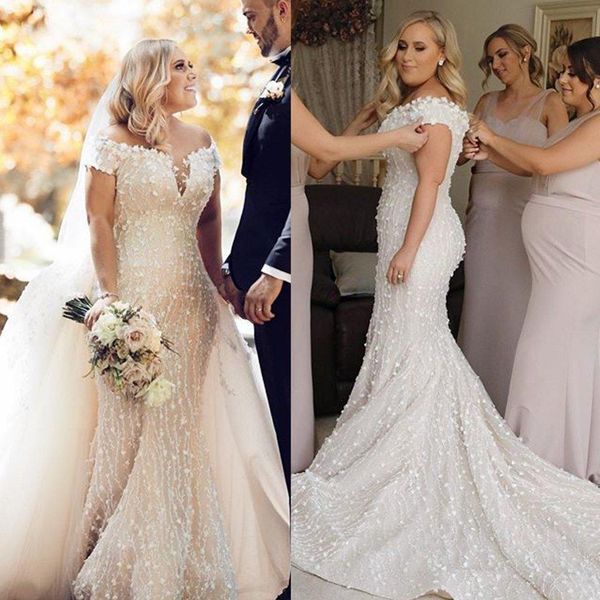 2021 mermaid wedding dresses portrait applique sequins pearls wedding dresses sweep train bridal gowns vestidos de novia robe de mariee, White
2021 mermaid wedding dresses portrait applique sequins pearls wedding dresses sweep train bridal gowns vestidos de novia robe de mariee, White
