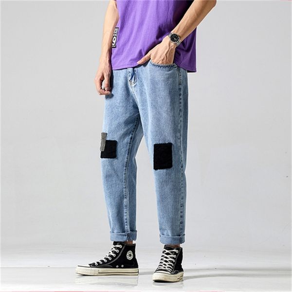 from men's hip hop breech breeches loose around ankle length denim pants men in the fashion of shredded tyhq, Blue 
from men's hip hop breech breeches loose around ankle length denim pants men in the fashion of shredded tyhq, Blue