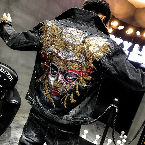 new punk style novel embroidered rivet denim jacket men coat slim cotton jeans for male hip hop high street sequins youth 201116, Black;brown
new punk style novel embroidered rivet denim jacket men coat slim cotton jeans for male hip hop high street sequins youth 201116, Black;brown