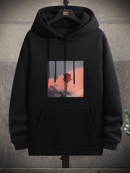 men floral print kangaroo pocket drawstring thermal hoodie k598#, Black
men floral print kangaroo pocket drawstring thermal hoodie k598#, Black