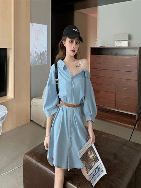 2021 new leaking off the shoulder diagonal collar summer denim dress medium release korean version belt adjustment show thin skirt 9wv5, Black;gray
2021 new leaking off the shoulder diagonal collar summer denim dress medium release korean version belt adjustment show thin skirt 9wv5, Black;gray