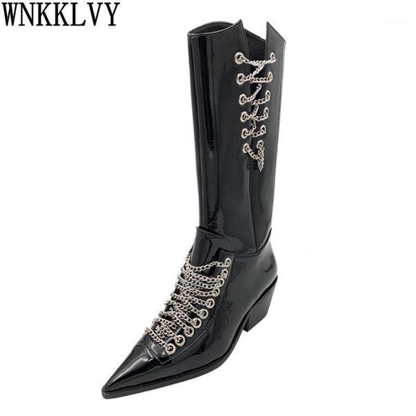 pointed toe chunky mid heel knee high boots women patent leather metal chain decor knight long booties runway shoes female 20201, Black
pointed toe chunky mid heel knee high boots women patent leather metal chain decor knight long booties runway shoes female 20201, Black