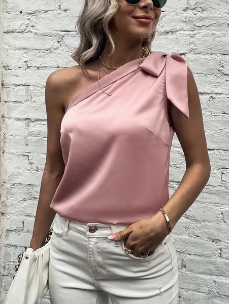 knot detail one shoulder satin blouse p7q2#, White
knot detail one shoulder satin blouse p7q2#, White