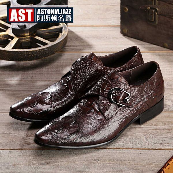 winter new crocodile formal men's shoes british business trend cow large leather, Black