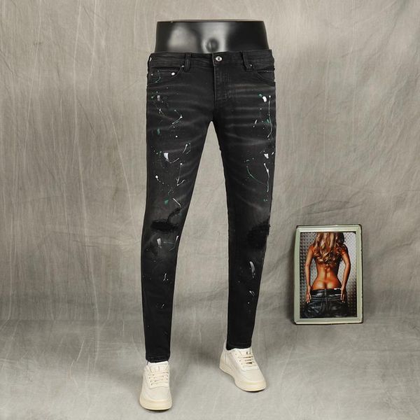 men's jeans fashion streetwear men black elastic slim fit painted designer ripped denim punk pants hip hop trousers, Blue
men's jeans fashion streetwear men black elastic slim fit painted designer ripped denim punk pants hip hop trousers, Blue