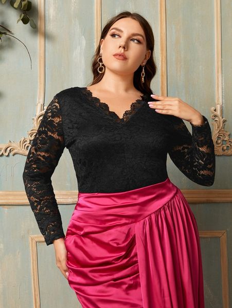 plus v-neck lace solid k8pj#, Black
plus v-neck lace solid k8pj#, Black