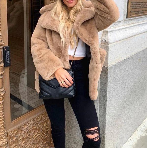women's plush winter warm coat imitation fur thicken jackets streetwear lapel neck loose with pocket long sleeve winter coat, Black
women's plush winter warm coat imitation fur thicken jackets streetwear lapel neck loose with pocket long sleeve winter coat, Black