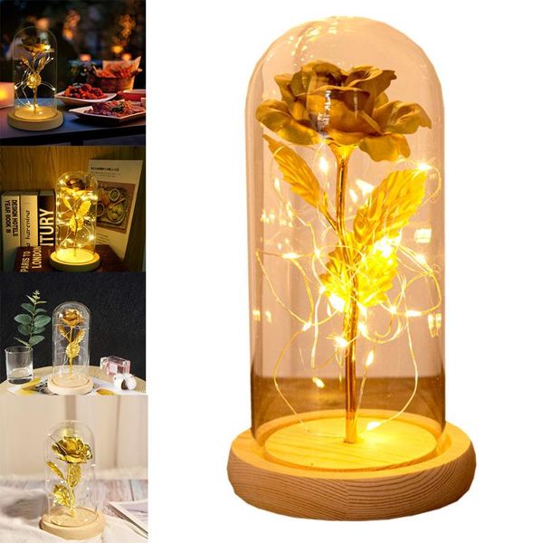 enchanted forever rose artificial flowers lamp gold foil flower in glass dome led light valentine's gifts rose lamps xmas decor