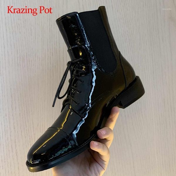 krazing pot stretch boots natural leather patchwork leisure round toe thick med heel lace up beauty lady maiden ankle boots l521, Black
krazing pot stretch boots natural leather patchwork leisure round toe thick med heel lace up beauty lady maiden ankle boots l521, Black