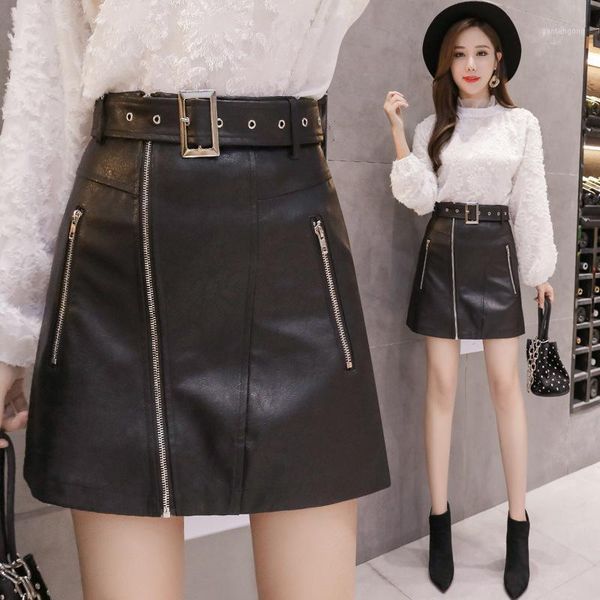 womens pu leather skirts autumn winter korean elegant black slim high waist midi black pencil skirt1