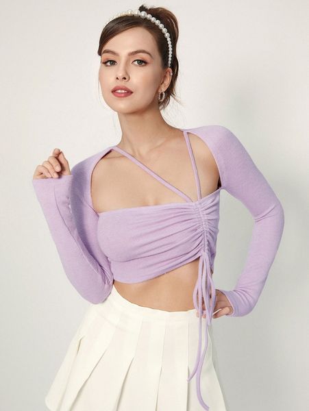 drawstring hem peekaboo front crop s311#, White
drawstring hem peekaboo front crop s311#, White