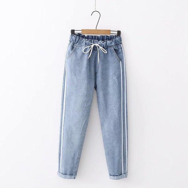 women's jeans women summer pants casual trousers for ladies light blue mid waist drawstring loose flanging denim length jeans1