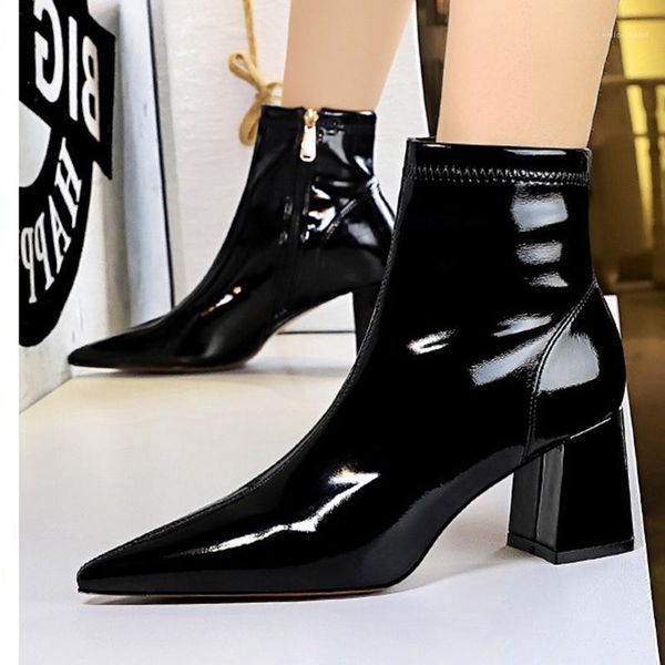 fashion women boots simple thick heel high heel pointed shiny patent leather thin nightclub short boots1, Black
fashion women boots simple thick heel high heel pointed shiny patent leather thin nightclub short boots1, Black