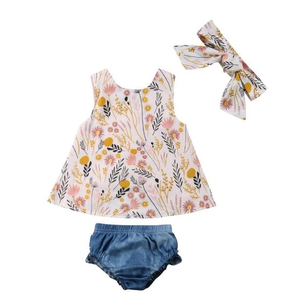 3 pieces sleeveless floral and denim ruffled bloomers with bowknot headband set for baby girl clothes, White
3 pieces sleeveless floral and denim ruffled bloomers with bowknot headband set for baby girl clothes, White