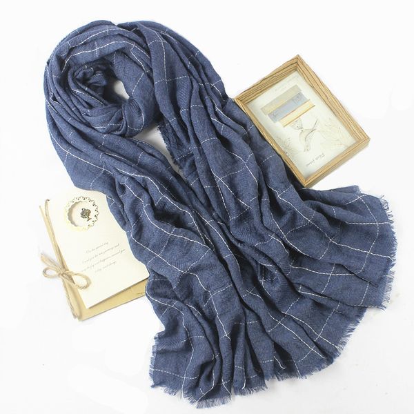 classic british plaid cotton linen scarf, Blue;gray