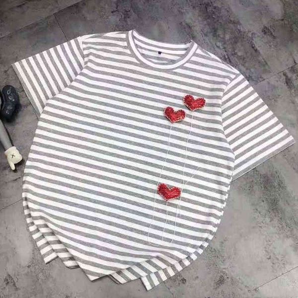 2022 factory wholesale new high version spring and summer splicing 3d heart simple korean fashion grey stripe casual couple short sleeves, White
2022 factory wholesale new high version spring and summer splicing 3d heart simple korean fashion grey stripe casual couple short sleeves, White